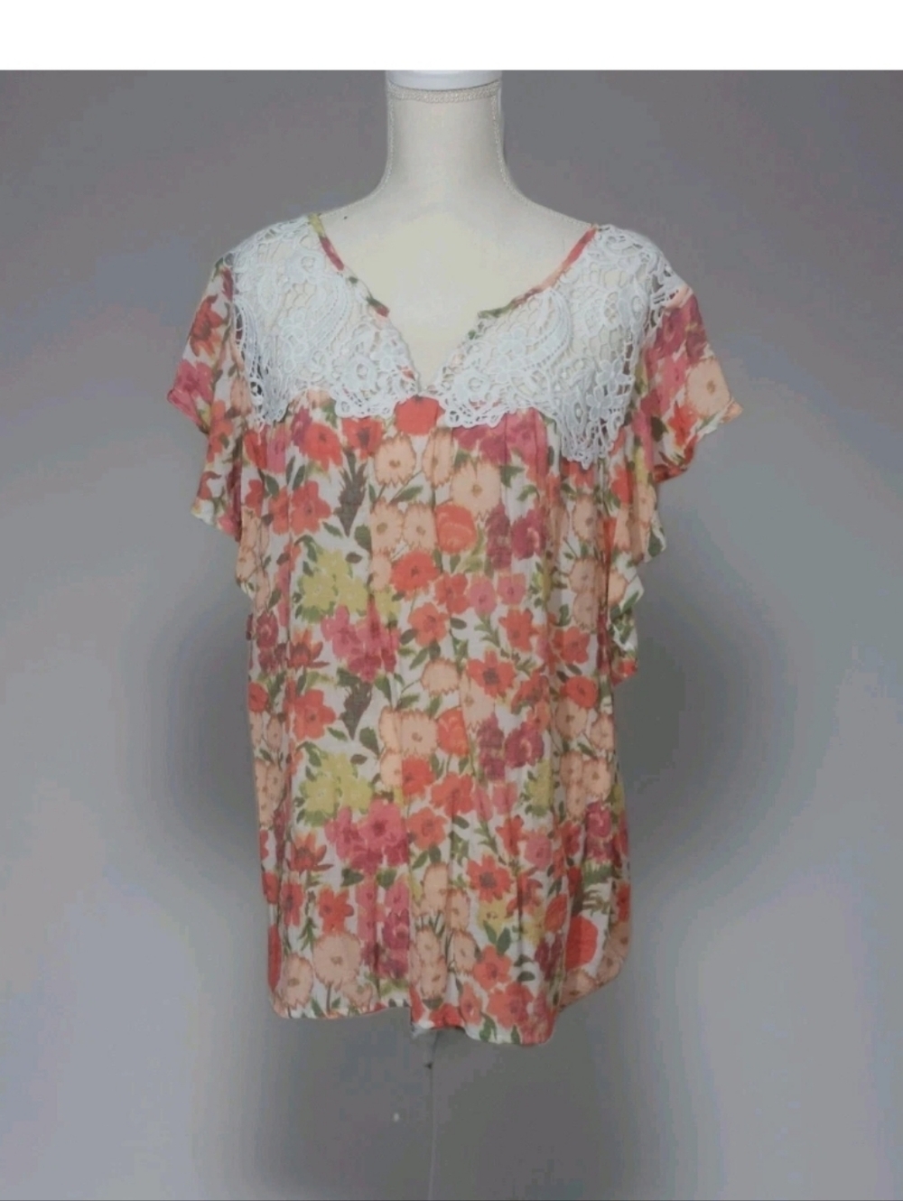 Palm Rio 2x Top Floral Lace Trim Ruffle Cap Sleeve 54x29" Plus Size Shirt